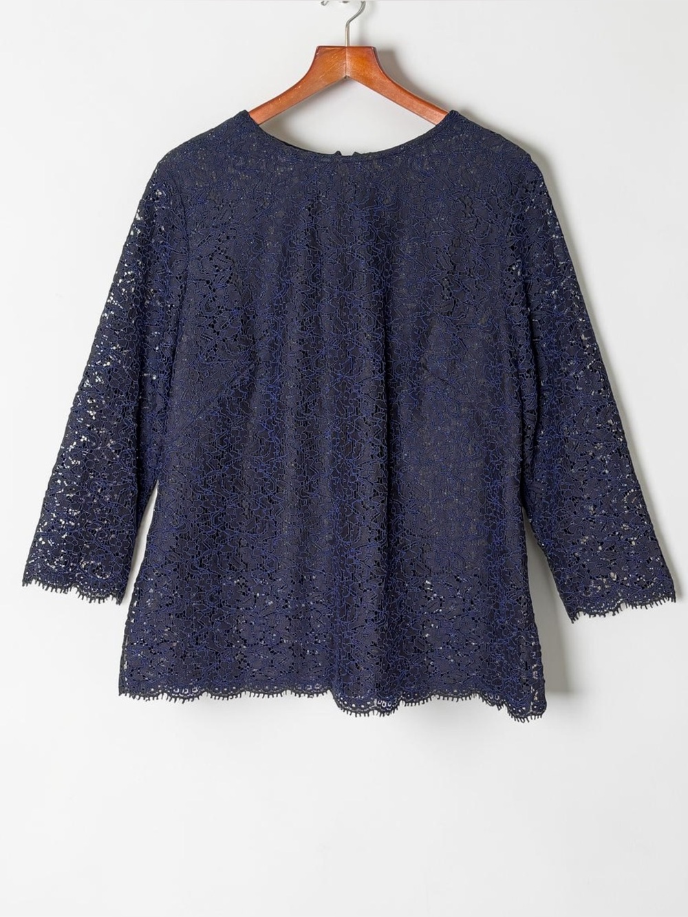 Boden Jennifer Navy Blue Lace Floral Overlay Blouse 3/4 Sleeve Size 18